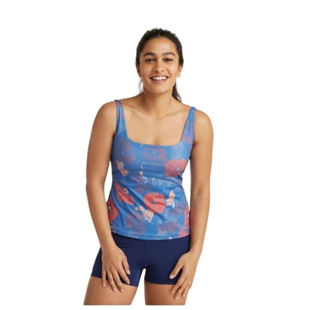 LL Bean Women's New Currents Squareneck Tankini Print Top Blue Floral Size 14